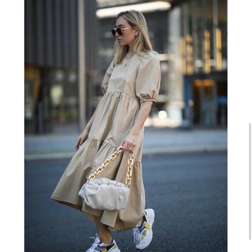 Zara Camel Tan Poplin Tiered Midi Dress Puff Sleeve Asymmetric Hem Pockets S - Picture 5 of 16